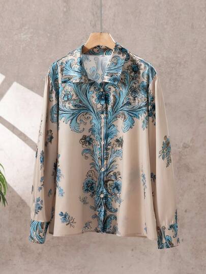 YI XUAN Camisa de mujer de manga larga con estampado de flores bohemio retro de talla grande, informal, para vacaciones, otoño