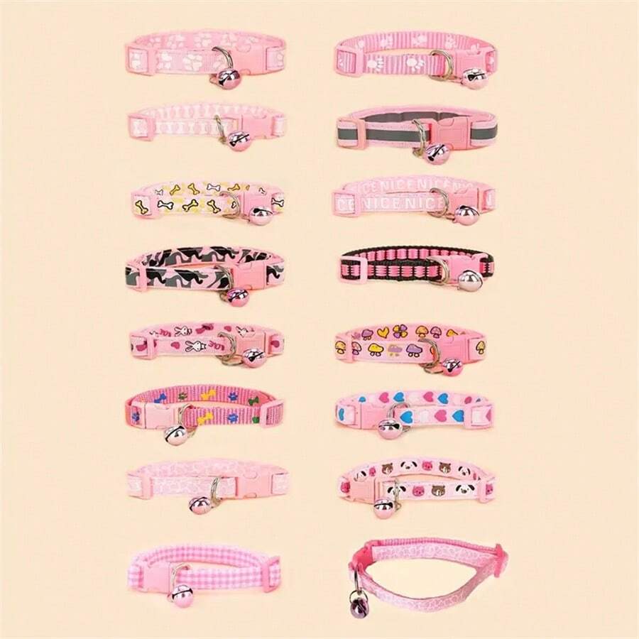 [Pet Collars] 5pcs Random Pet Collars With Bells | Adjustable Cartoon Patterns For Small Cats And Dogs | PP Material, Without Battery