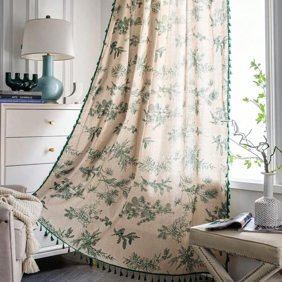 Boho Curtain 84 Inches Length For Bedroom, Printed Cotton Linen Rod Pocket Semi Blackout Farmhouse Bohemian Tassels Window Treatment For Living Room, 1 Panel 59" W X 84" L, Green Forest - 綠色森林59Wx84LPackof1 - 查看 1