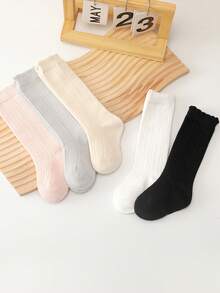 1 Pair Girls' Solid Color Knee High Socks With Ruffle Trim, Autumn/Spring