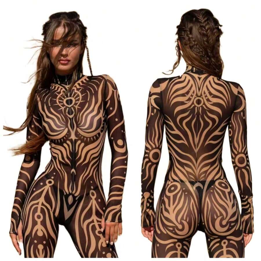 LADYINGBAY Christmas Clothing, Christmas Gifts Mesh Festival Party Costume, Burning Man Clothing, Rave Bodysuit Woman, Sexy Mesh Costume Woman, Rave Outfit Woman, Festival Costume Women - 黑與白 - 查看 1