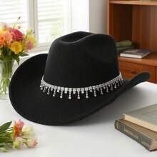 Stylish White Western Cowboy Hat With Rhinestone  Fringe For Party  Vacation - Black - View 2