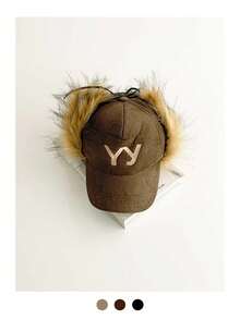 Flat Top British Retro Faux Fur Baseball Cap, Letter Embroidery, Warm Fleece Ear Protection Hat, Foldable Plaid & Leopard Print Big Letter Baseball Cap, Fashionable Street Style Ear Warmer Snapback Cap - Multicolor - View 11