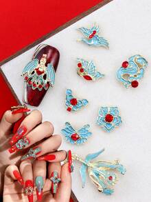 10 Pieces Per Pack Of Nail Art Nail Charm Nail Accessories, Three-Dimensional Light Luxury Chinese Style Swan Peacock Tassel Pendant, Phoenix Crown And Rosy Robe Nail Charm DIY Nail Decorations Suitable For Daily Life