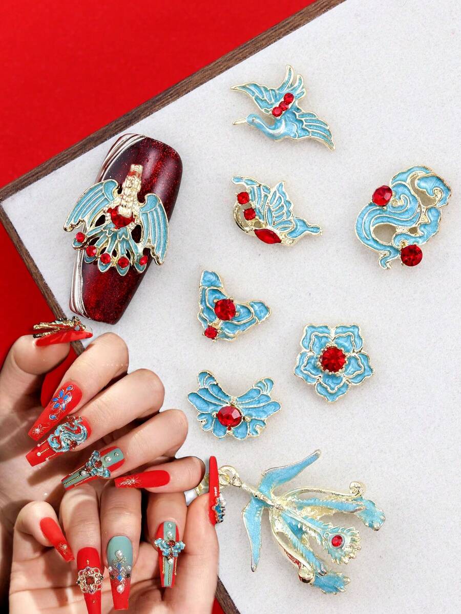 10 Pieces Per Pack Of Nail Art Nail Charm Nail Accessories, Three-Dimensional Light Luxury Chinese Style Swan Peacock Tassel Pendant, Phoenix Crown And Rosy Robe Nail Charm DIY Nail Decorations Suitable For Daily Life
