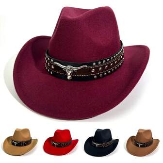 1Pc Unisex Vintage Western Cowboy Hat With Bull Shaped Decorative Three Row Willow Nail Waistband, A Fashionable Accessory For Back To School Season, Suitable For Daily Leisure, Western Cowboy Parties, Holiday Travel, Etc