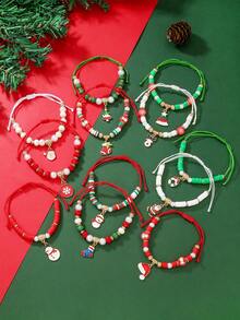 12 Peças Conjunto de Decoração Pendente de Boneco de Neve, Papai Noel, Rena, Chapéu de Papai Noel, Guirlanda de Natal com Argila Macia, Kit de Pulseira com Contas de Vidro Facetado, Adequado para Feriados, Família, Amigos, Combinação Diária