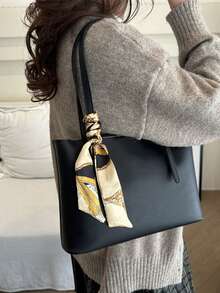 New Luxury Solid Color High-End Versatile Women Shoulder Tote Bag - Black - View 5