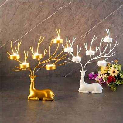 1 pieza Soporte para vela con decoración de reno navideño, decoración de centro de escritorio, artesanía de metal para lámpara de té y soporte para vela de cristal, decoración de escritorio con tema animal para días festivos, apta para aromaterapia y ambiente, adecuada para decoración del hogar y decoración navideña, soporte creativo para vela decorativa, decoraciones navideñas, decoración de invierno para la habitación