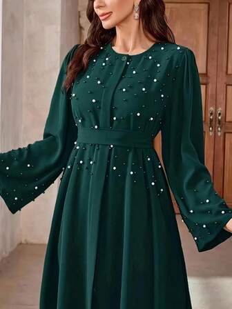 优雅纯色土耳其风格女式卡夫坦连衣裙，珍珠装饰，长袖和腰带 - 涤纶，可手洗，端庄
