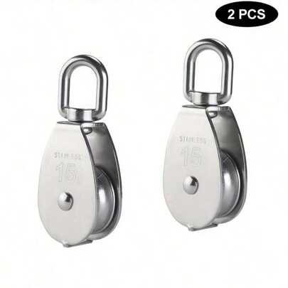 2pcs 304 Stainless Steel Single Wheel Pulley Set With M15 Carabiner - Rust-Resistant, Lightweight And Compact, Suitable For Home Decor, Outdoor And Construction Use, Construction Equipment Rope Pulley System