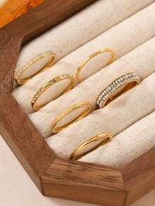 5/6/11 件时尚优雅不锈钢戒指套装，18k 镀金，珠饰钻石，适合女性日常佩戴，可搭配节日、约会、婚礼珠宝礼物 - 金色2 - 查看 5