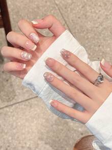 10pcs/Set Square Short Press-On Nails, Creamy Small French Press-On Nail Stickers With Pearlescent Embossed Texture, Heart Rhinestone Nails Gem Nail Accessories Removable DIY Gel Nail Set For Thanksgiving Holidays, Parties, Daily Wear Nail Art Supplies