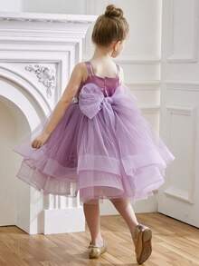 女童无袖3D立体花朵紫色网纱优雅公主裙，适合女孩生日派对、宴会、晚宴、婚礼花童等场合。 - 紫色 - 查看 3