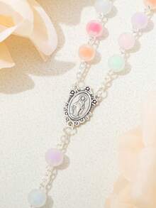 1pc Candy Texture Beaded Handmade Cross Necklace Rosary Baptism Gift, Virgin Mary Jesus Cross Pendant