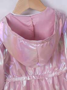 1pc Young Girl Casual Iridescent Hooded Spring/Autumn Jacket, Fashionable Mid-Length Unisex Bomber Coat, Versatile Outerwear