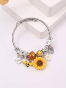 1 pieza Pulsera elegante y femenina con encanto de girasol y abeja con rhinestones - Acero inoxidable, adecuada para fiestas, bailes y decoraciones casuales