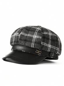 1 pieza Boina retro elegante, con estampado de cuadros y decoración de letra metálica, estilo gorra de periódico, adecuada para uso diario de mujeres