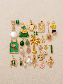 1pc Colorful Fashionable Pearl Lucky Clover Coconut Tree Flower Zirconia Natural Stone Pendant, Plated With 18K Gold, DIY Jewelry Accessories, DIY Necklace Accessories, Bracelet Accessories, Keychain Accessories, Easy To Match, Can Be Worn As An Exquisite Talisman Pendant. - Multicolor - View 4