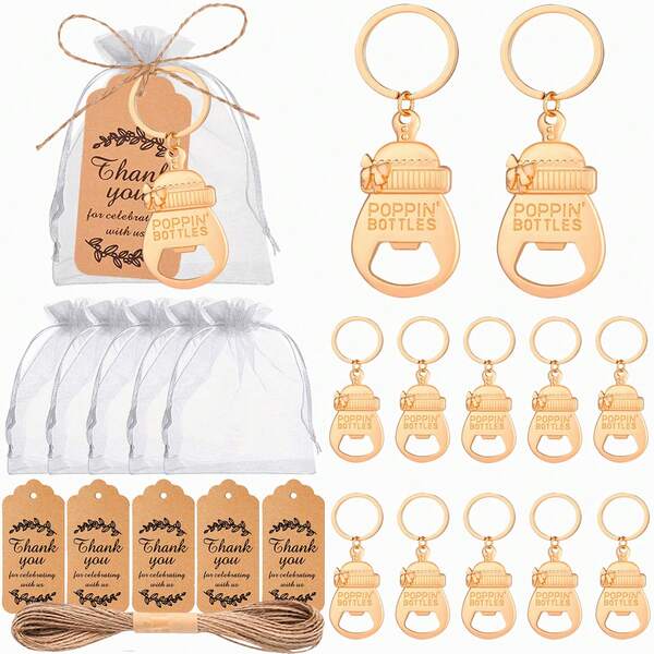 Juego de abrebotellas de bebé dorado con bolsa de , cuerda de yute y tarjeta de agradecimiento, ideal para: bautizo de bebé, fiesta de revelación de género, celebración de cumpleaños, eventos de entrega de regalos, regalos del Día de San Valentín, accesorios de cocina y bar, recuerdos de fiesta