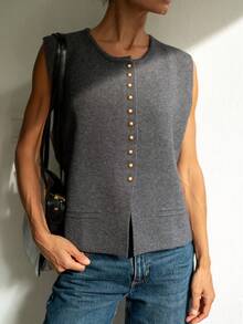 GIGOGOU Chaleco de mujer de cuello redondo, abotonadura sencilla, bolsillo falso, sin mangas, para otoño e invierno, de unicolor, estilo retro, para uso casual y de negocios, chaqueta tipo cárdigan