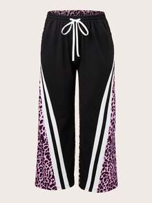 Plus Size Women High Waist Wide Leg Straight Pants, Elastic Waist Casual Striped Drawstring Trousers