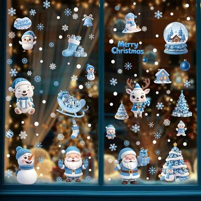1 pieza Pegatina de ventana de Papá Noel, pegatina estática de PVC azul, decoración navideña vívida, adecuada para sala de estar, dormitorio, balcón o exhibición de ventana, decoración navideña