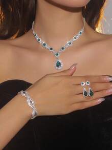 3 件/套水钻项链耳环手链奢华气质时尚水滴形吊坠首饰套装适合女性日常穿着、婚礼、派对等。 - 黑色 - 查看 4