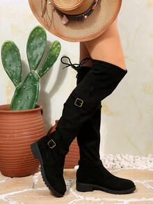 Women's Fashion Casual Comfortable Chunky Heel Side Zipper Knee-High Riding Boots, Pointed Toe - Black - View 5
