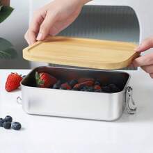 New 304 Stainless Steel Bamboo Lid Bento Lunch Box, Japanese Style Rectangular Outdoor Food Container, Airtight Wood Cover, Camping Cooking, Vintage Retro Picnic Lunch Box - Silver - View 11