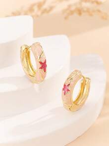 1 Đôi bông tai vòng kiểu dáng mới, mạ vàng đồng, họa tiết hoa và men, thích hợp cho phụ nữ và bé gái. - Hồng - Xem 3