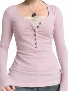 Women Long Sleeve Tops Autumn Vintage Casual Lace Patchwork 1/2 Button Pullover Shirt Club Streetwear - Hồng - Xem 2