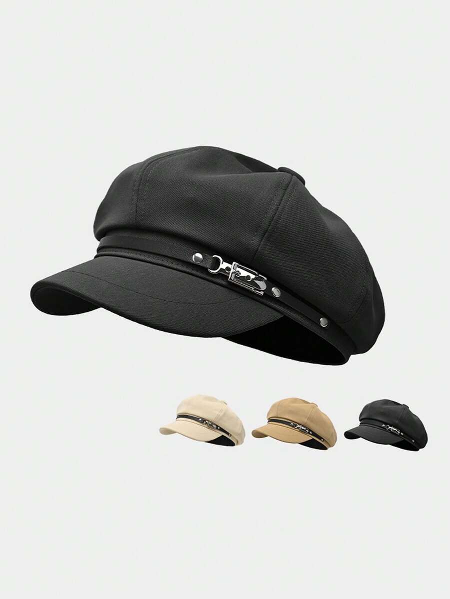 1pc Solid Color Newsboy Cap, Retro Fashion Style Cotton Material, Classic Silhouette With Black Leather Band And Metal Buckle Detail, Flattering Head Shape And Sun-Shading Function, Suitable For Spring/Autumn Daily Outings, Casual Dates And More