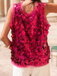 Women's Summer Shiny Sequins Vest Tops Sleeveless Round Neck Fashionable Vintage Party Tank Tops Club Cocktail Parties Dances Streetwear - 玫紅色 - 查看 7