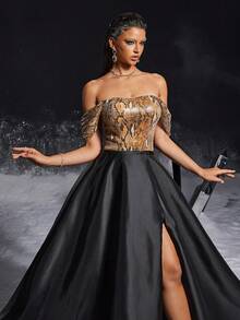 VIPGIRL Váy dạ hội trễ vai họa tiết da rắn có thân áo đính đá và xẻ tà cao, dự tiệc sang trọng, váy dạ hội cho nữ, váy dạ hội trang trọng - màu đen - Xem 9