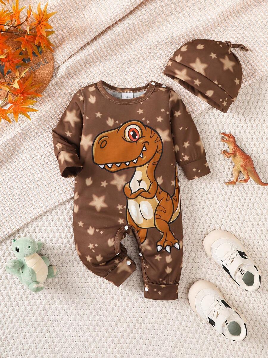 Bộ 2 món gồm áo liền quần dài tay và mũ cho bé, họa tiết khủng long hoạt hình màu nâu, thích hợp mặc hàng ngày ngoài trời, bộ sưu tập mới năm 2025, trang phục chụp ảnh cho bé. - màu nâu - Xem 1
