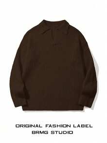 男士罗纹高领毛衣，休闲宽松套头针织衫，适合秋冬季节，长袖上衣 - 棕色 - 查看 2