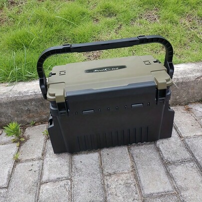 Large Double-Layered Cargo Box, Adjustable Partition Plate, Portable Lock, High-Quality Design, Suitable Suitcase, Cylindrical Shell - Deep Green Color, Ready-Made Equipment | Rough Exterior | Durable Construction, Open-Air Arrangement.