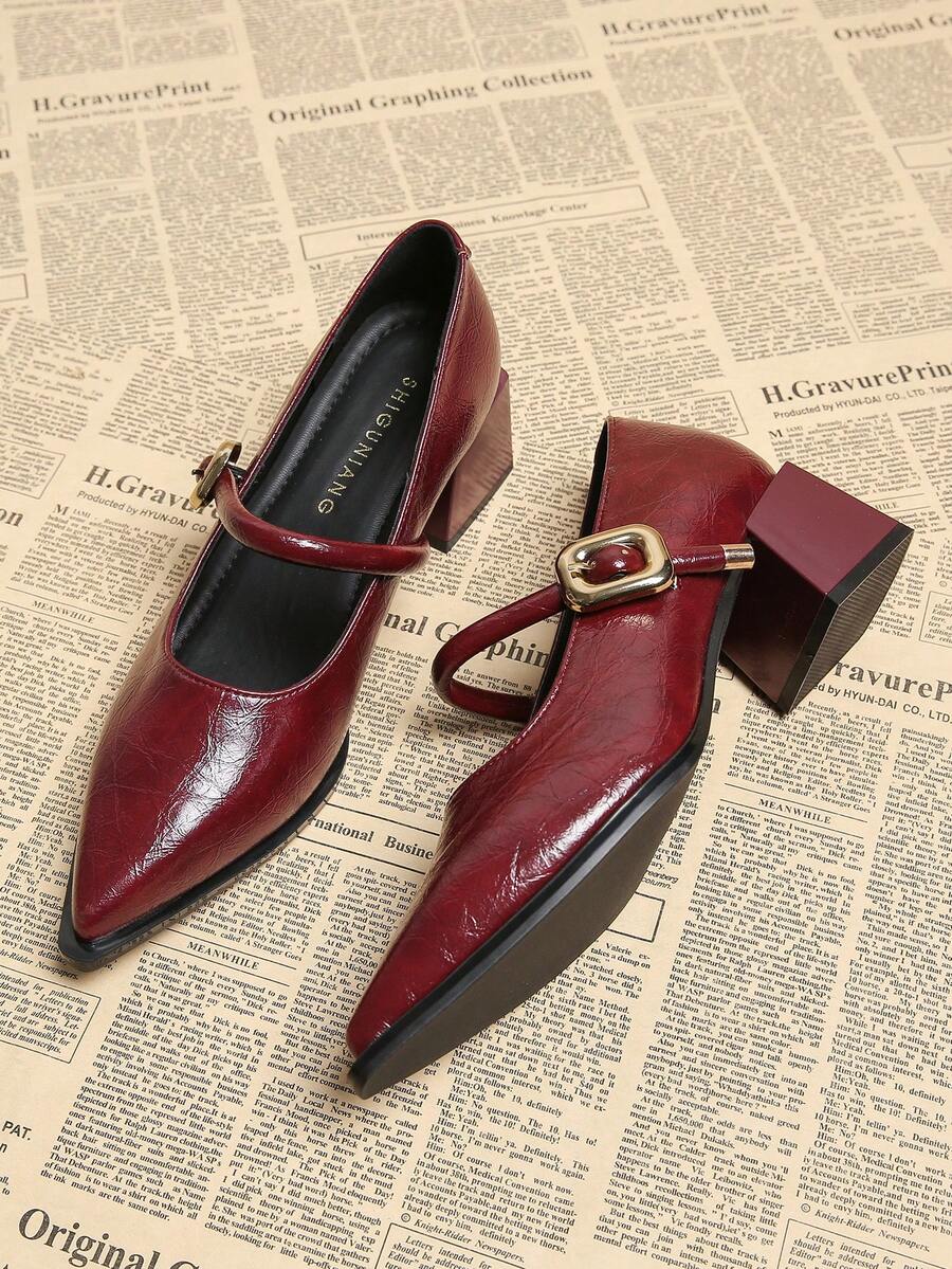 Giày cao gót mũi nhọn, kiểu dáng thấp, mới ra mắt mùa xuân 2026, thanh lịch, tối giản, đa năng dành cho nữ, màu đỏ rượu vang, gót dày. - Màu Đỏ Sâu - Xem 1