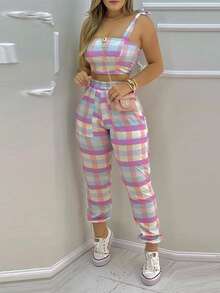 Women's Vibrant Colorful Plaid Set For A Stylish June Party - Pink Plaid - View 2