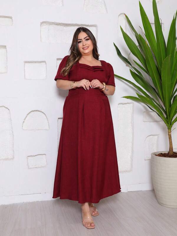 Vestido Feminino  Simples    Casual    Tecido    Bainha com babado  Plissado    Moda Evangélica  Todas as temporadas