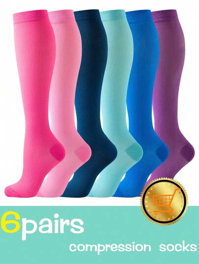 6 pares de calcetines de compresión atléticos de unicolor para mujeres y hombres, azul y rosa, calcetines de compresión transpirables hasta la rodilla, adecuados para correr, ciclismo, senderismo