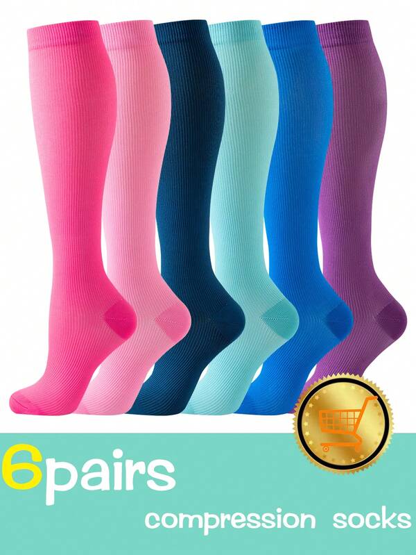 6 Pares de Meias de Compressão Esportivas Sólidas Azul e Rosa para Mulheres e Homens, Meias de Compressão Respiráveis até o Joelho, Meias de Compressão Esportivas Adequadas para Corrida, Ciclismo, Caminhada