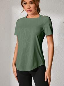 1 件大码女士健身、舞蹈、瑜伽提花休闲运动上衣，专业宽松运动衬衫，镂空背部设计，夏季新款白色宽松修身露背短袖运动 T 恤，适合普拉提训练 - 軍綠色 - 查看 4