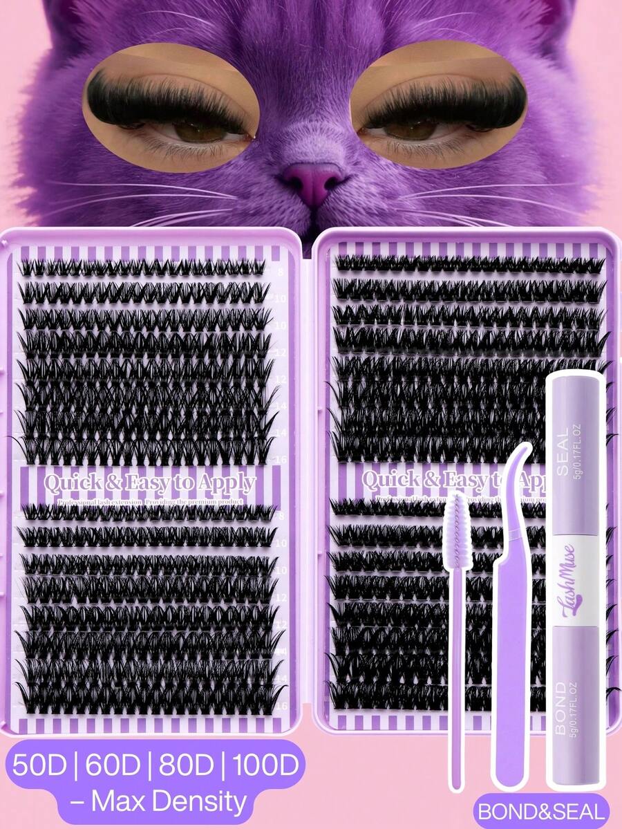640PCS Cluster Lash Extension Kit – 50D/60D/80D/100D Mixed Volume Faux Mink Lashes, 0.31-0.63inch Soft Fluffy Wispy Individual Lashes, Handmade Natural To Dramatic Cat Eye Look, 0.07mm Lightweight Reusable False Eyelashes With Lash Glue, Precision Tweezer & Lash Brush, Beginner-Friendly DIY Lash Kit, Perfect For Daily Makeup, Wedding, Party, Travel, Cosplay, Night Out, And Holiday Gifts For Christmas, Valentine's, Halloween, Thanksgiving, Easter & Mother's Day - Màu tím - Xem 1