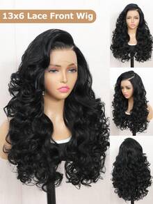 13x6蕾丝前假发，预先修剪的发际线，蓬松长卷自然YaKi发，20英寸耐高温合成蕾丝假发，带婴儿发，适合女性，自然黑色，适合角色扮演、日常派对妆容、节日、婚礼、万圣节派对、圣诞节、新年、狂欢节、音乐节等各种场合。采用编织蕾丝前假发工艺，打造自然波浪卷发造型。