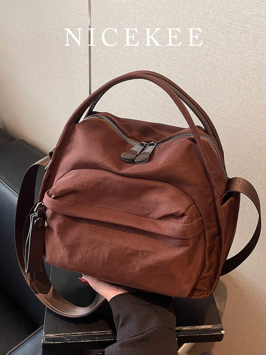 简约时尚轻便休闲包，百搭优雅，女士斜挎包，日常纯色大容量，时尚单肩手提包，通勤包，适合工作通勤和户外购物 - 咖啡棕 - 查看 1