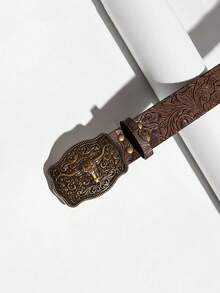 Modischer westlicher Cowboy-Stil Bullenkopf-Schnalle, vintage braune PU-geprägte Bullenkopf-Dekor-Gürtel