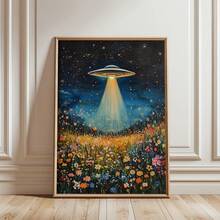 1件，帆布壁挂，带框墙饰，复古太空飞船，UFO野花墙饰，复古花卉油画，花卉外星人信徒墙饰——一份巧妙又时尚的礼物。复古家居装饰，适用于房间装饰、卧室装饰、宿舍装饰、客厅装饰。 - 彩色 - 查看 1