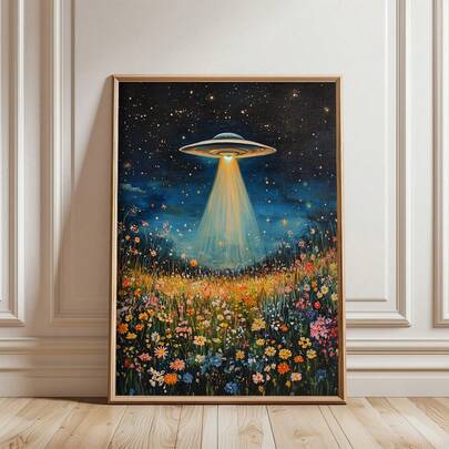 1pc, Canvas Wall Hanging, Framed Wall Decoration, Vintage Spacecraft, UFO Wildflower Wall Art, Retro Floral Oil Painting, Floral Alien Devotee Wall Decoration – A Clever And Stylish Gift. Vintage Home Decor, Suitable For Room Decoration, Bedroom Decoration, Dormitory Decoration, Living Room Decoration.